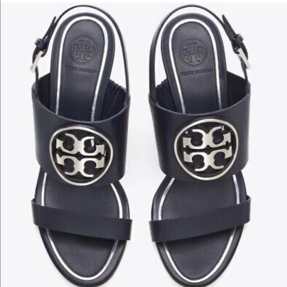 Tory Burch Navy Blue Metal Miller Wedge